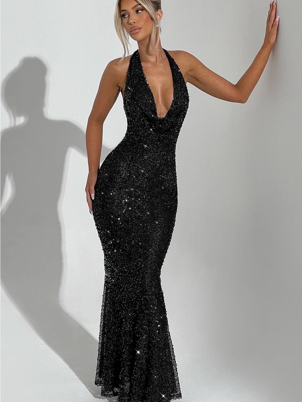 Black Sequin Halter Cowl-Front Mermaid Prom Dress